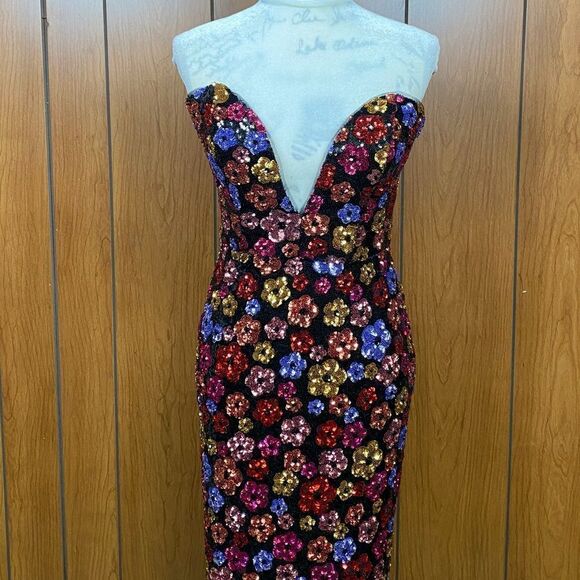 Marchesa Notte Strapless Plunging Floral Sequin Column Gown size 6 - Picture 5 of 13